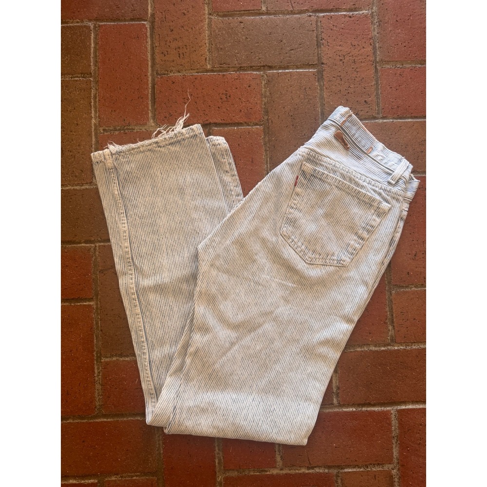 Vintage Levi's Pinstripe Jeans Blue White Straight Leg Button Fly Frayed Hem